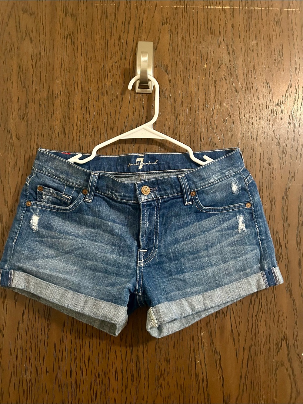 7 For All Mankind Distressed Rolled Cuff Denim Shorts - Blue - A10